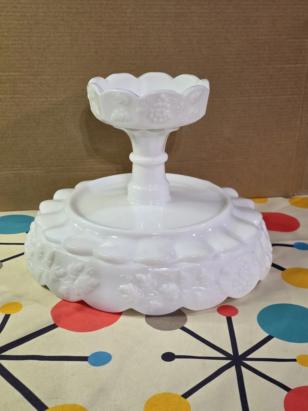 Vintage Westmoreland Paneled Grape Milk Glass Footed Shallow Bowl